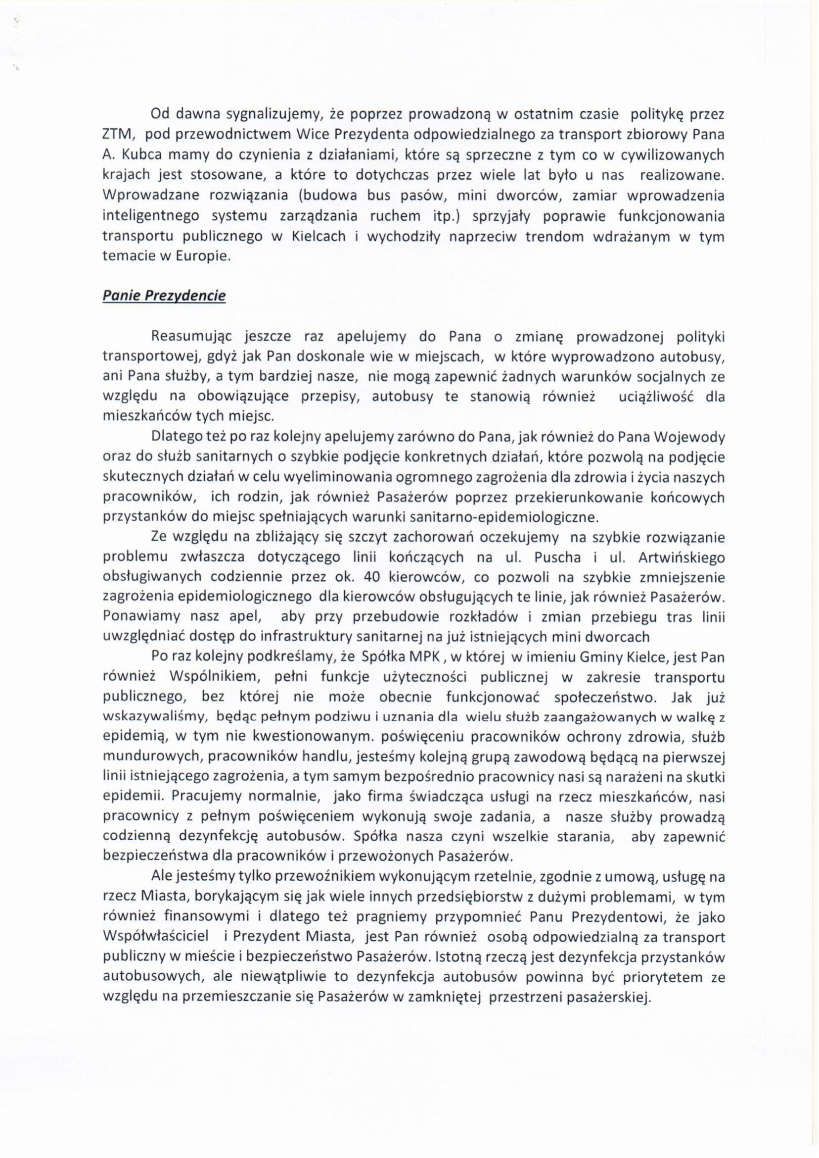 Pismo Związków Zawodowych MPK dot. polityki transportowej 2
